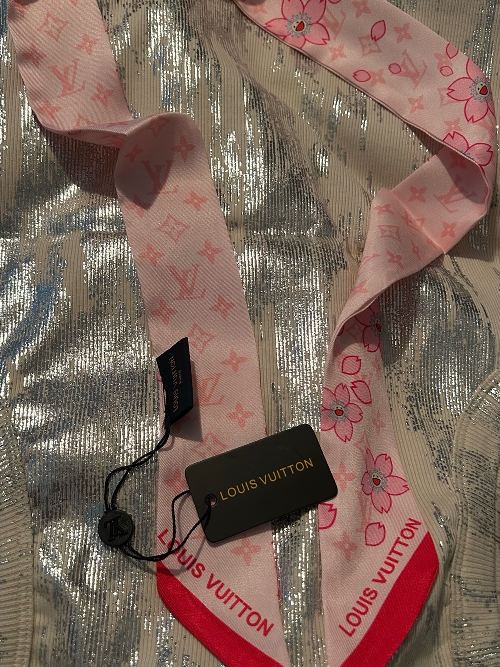 Louis Vuitton Pink Monogram Floral with red trim Silk Twill Scarf Beautiful